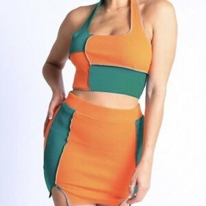 Colorblock Orange and Green Women's Skirt Set